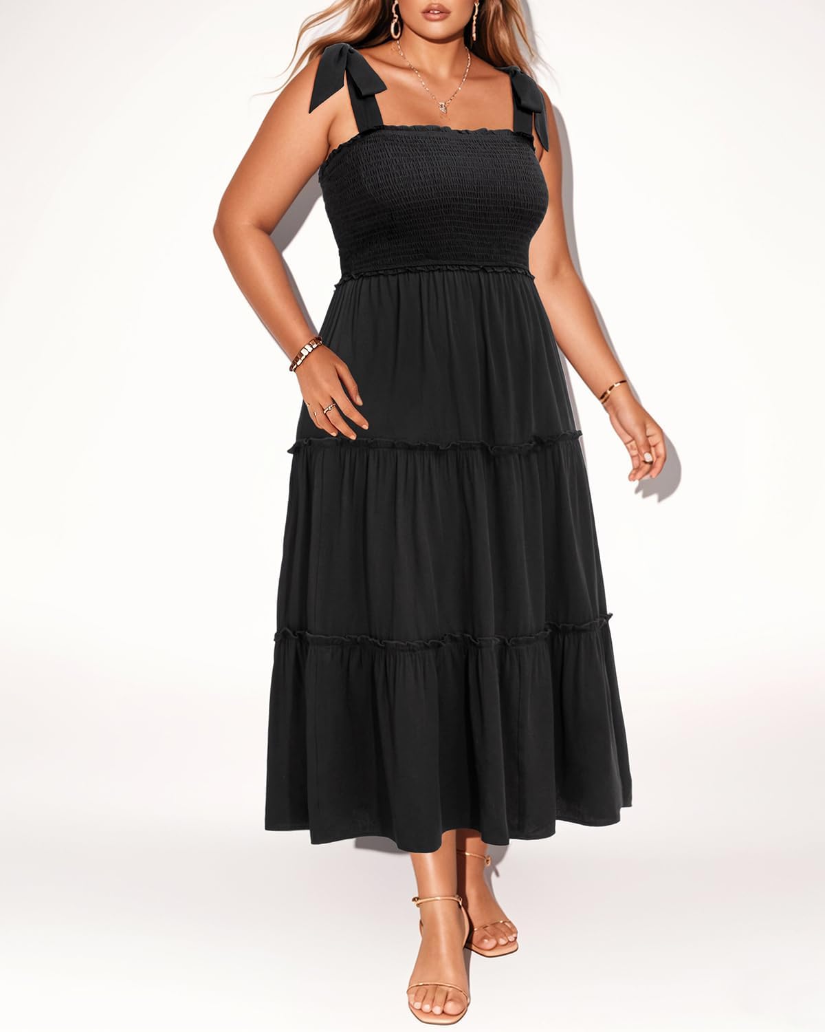 Plus Size Summer Dress - Sun Boho Beach Casual Floral Tiered Smocked Long Maxi Dresses - Image 4