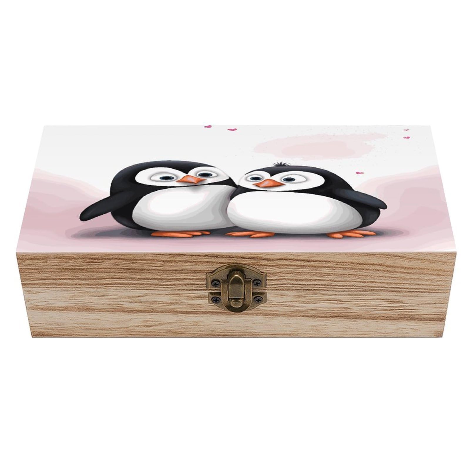 Btcowzrv Style I Love Penguins Wooden Storage Box, Keepsake Box With Hinged And Retro Lock, Wood Jewelry Organizer For Photos & Mementos And Home Decor