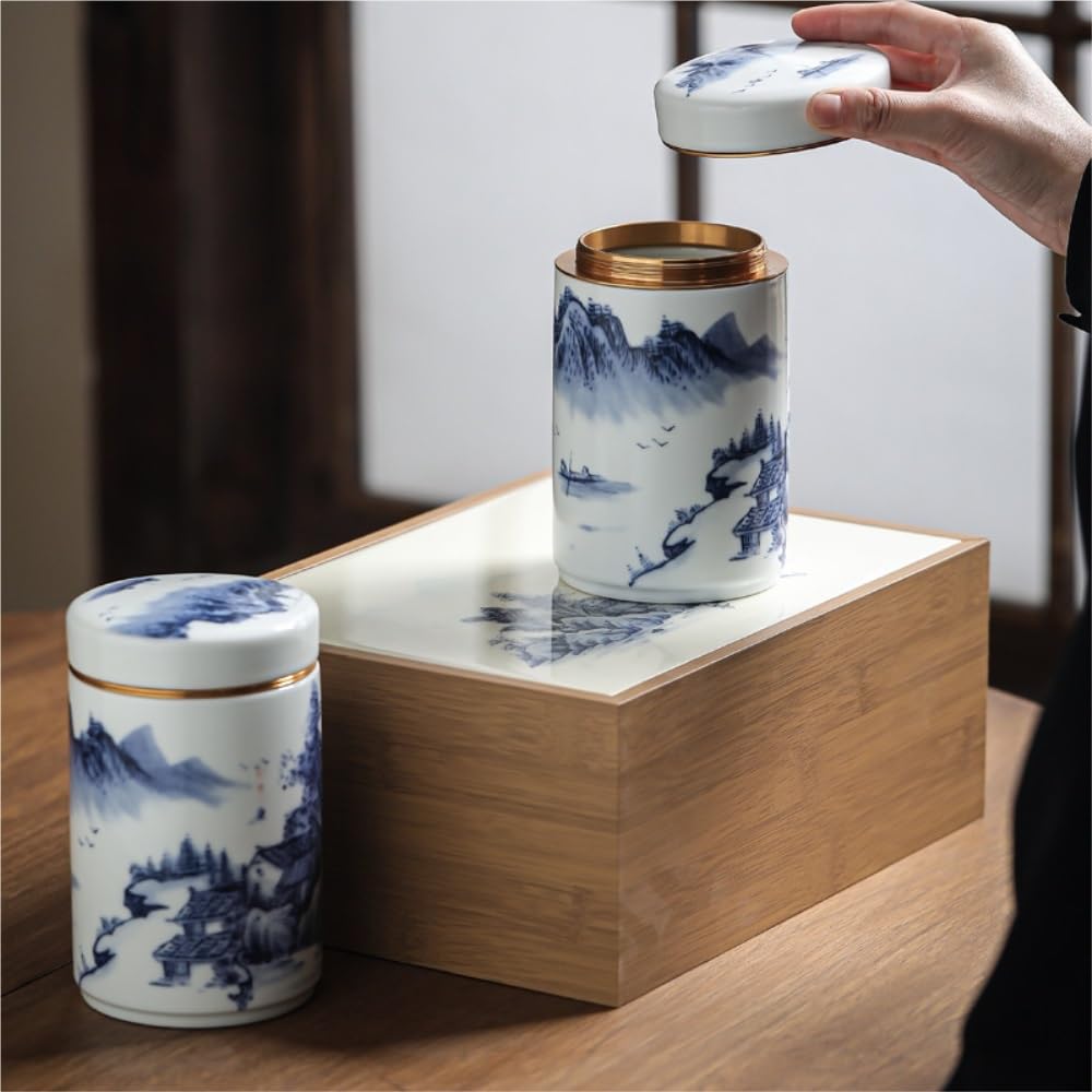 HLTYGWX Teedose, Vintage, handbemalt, Landschaftsmalerei, große Tee-Vorratsdose mit Deckel, versiegeltes Keramikglas, chinesisches Tee-Set, einzelnes Glas, Teedose