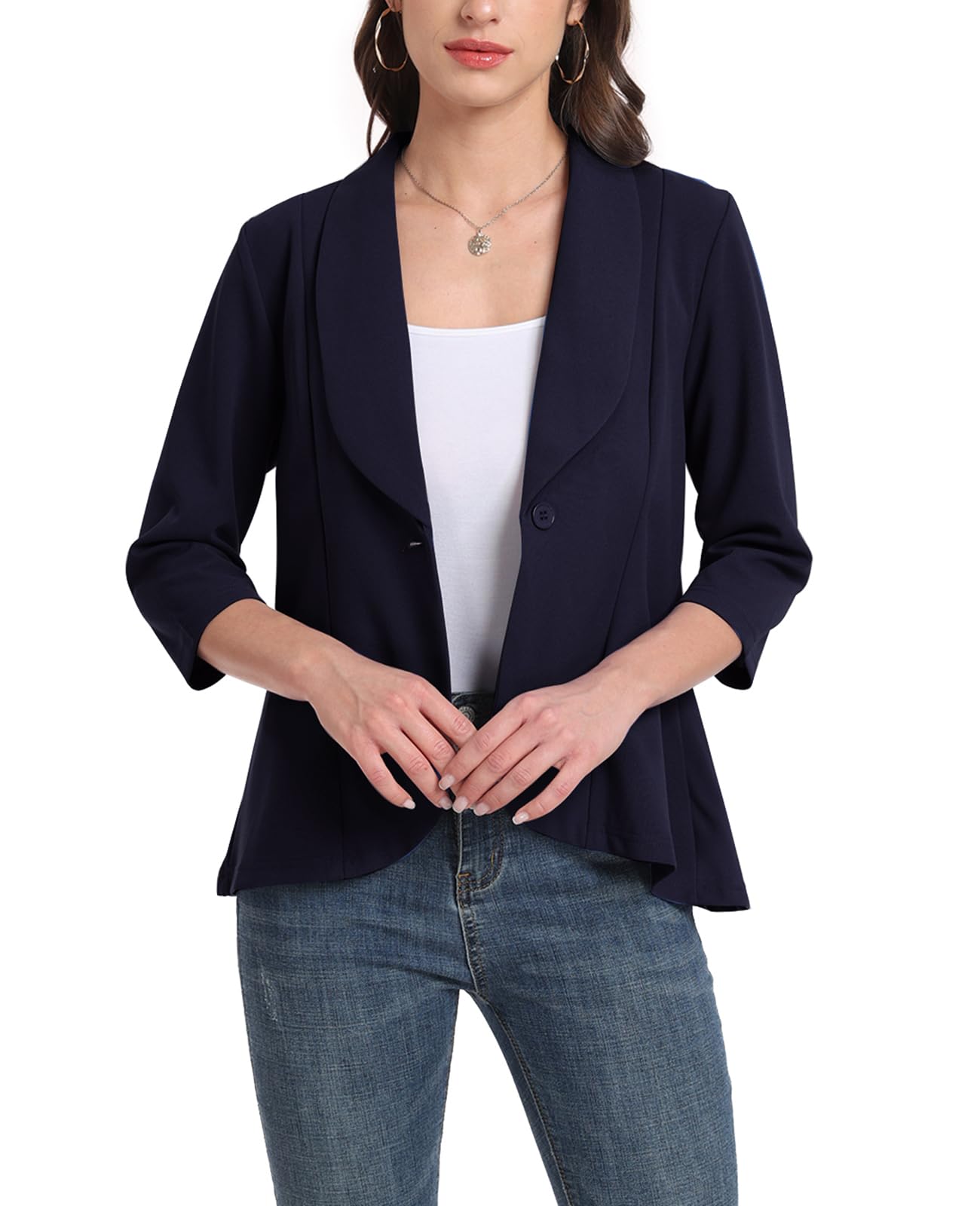 Blazer da donna con maniche a 3/4, cardigan aperto sul davanti, con bottoni, collo a scialle, giacche da lavoro, ufficio, giacche