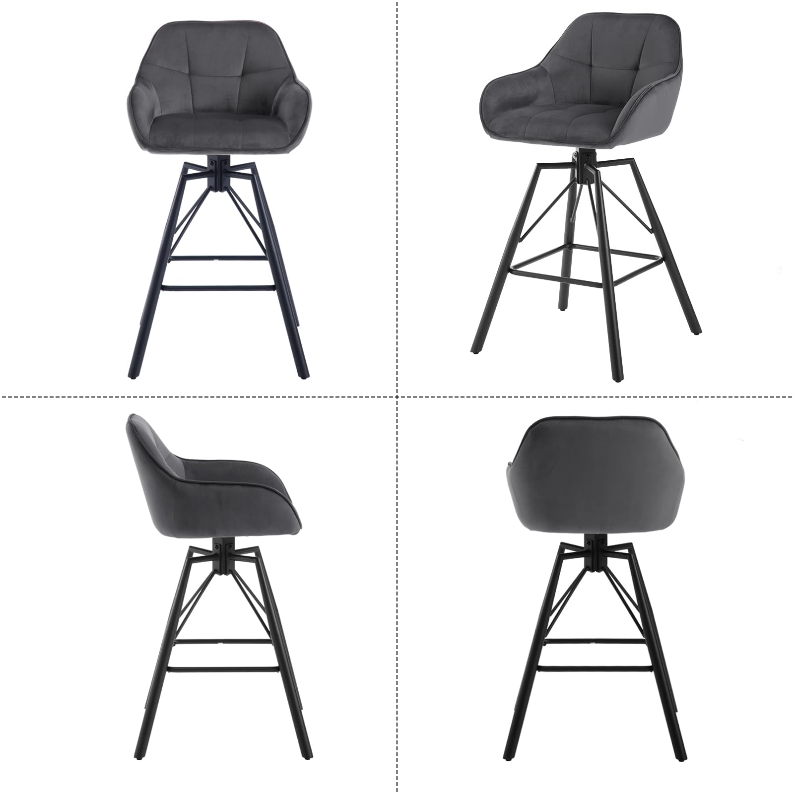 WOLTU Barhocker 2er Set, 360°drehbar Barstuhl Bistrohocker mit Rückenlehne Tresenhocker mit Lehne Fußstütze 4 Beinen, drehbar, gepolstert, Samt Metall, Dunkelgrau, BH397dgr-2