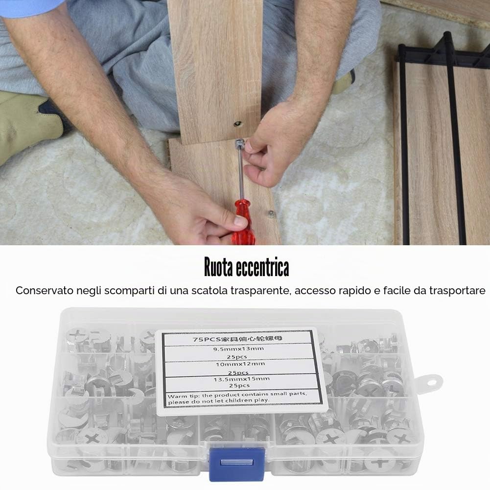 Raccordi con bloccaggio a parti di fissaggio viti camma 75 pezzi Dado ruota eccentrico per mobili con dado a camma Set di connettori 3 in 1