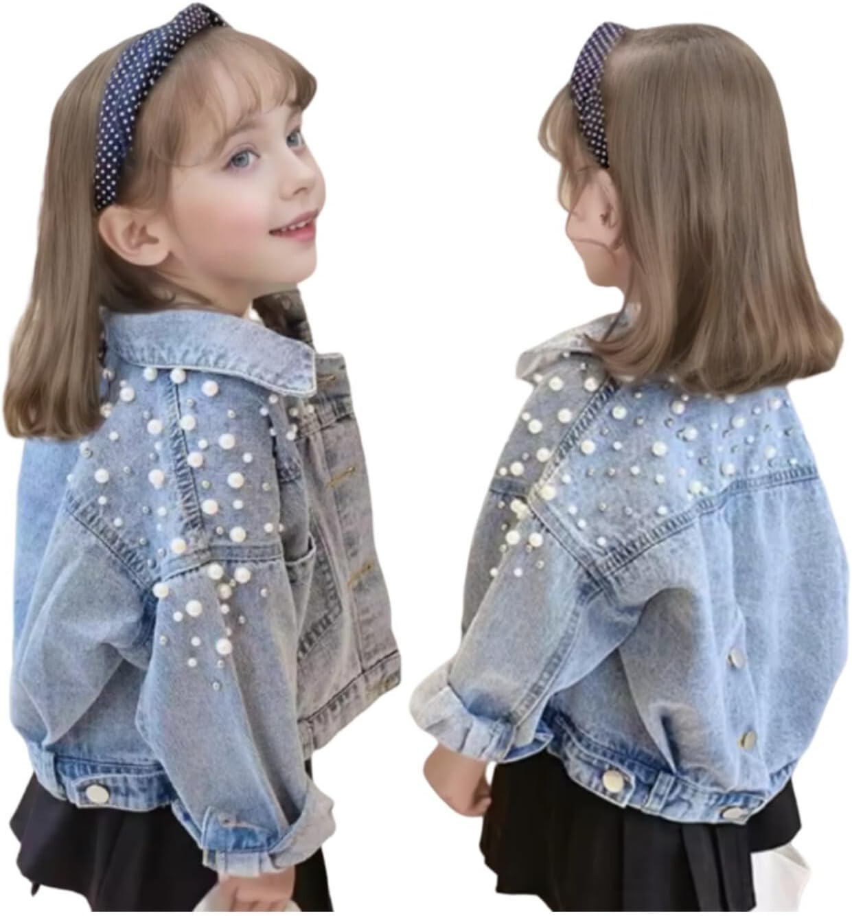 Girls' Classic Pearls Denim Jackets Kids Button Down Jeans Jacket Top Coat Outwear