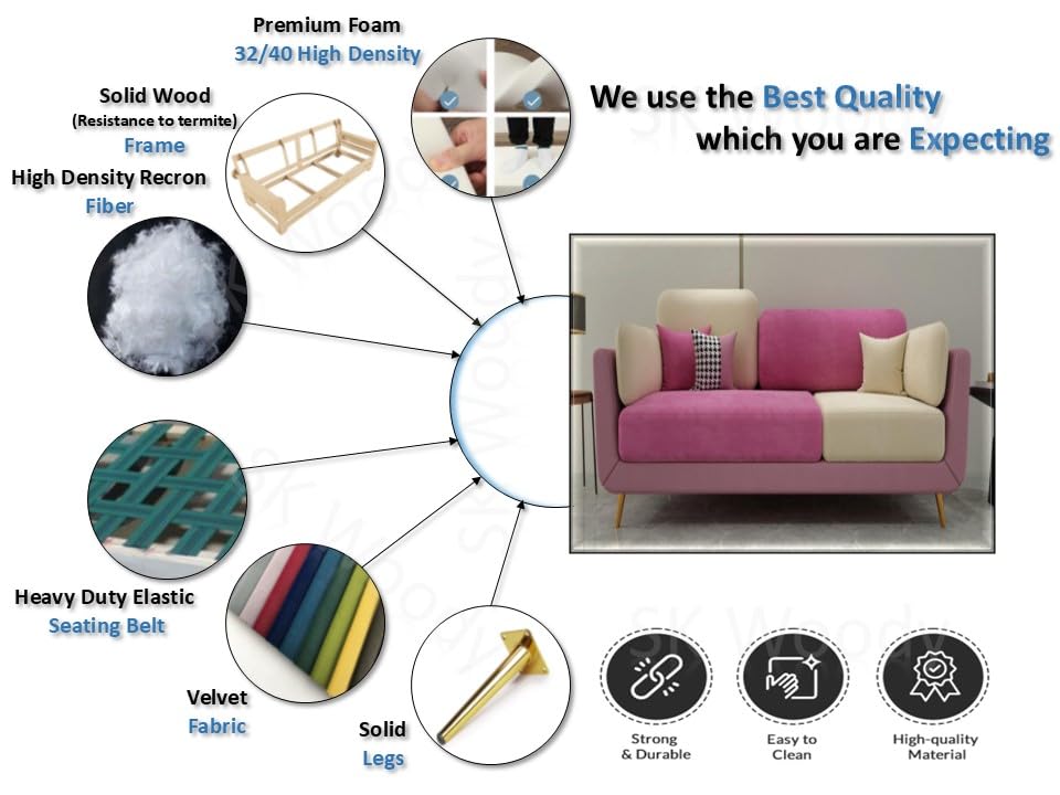 Image of Black Wood Modern Montez Luxurious Velvet 3 Seater Sofa for Bedroom, Living Room, Dining Room, Drawing Room, Home Office in Bug Resistant Wood (Pink & Beige, 3 Seater)
