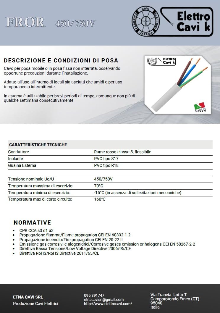 ELETTROCAVI K - CAVO ELETTRICO FROR 3G4 mm² GOMMATO ANTIFIAMMA FLESSIBILE TRIPOLARE 3 POLI 450/750V CPR PROFESSIONALE MADE IN ITALY 10 METRI