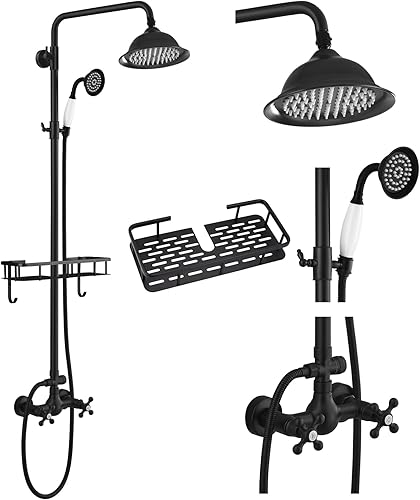Miniatura 11 de gotonovo Sistema de ducha de latón antiguo, cabezal de ducha de lluvia de 8 pulgadas, rociador de mano, doble mango cruzado, grifo de ducha de baño