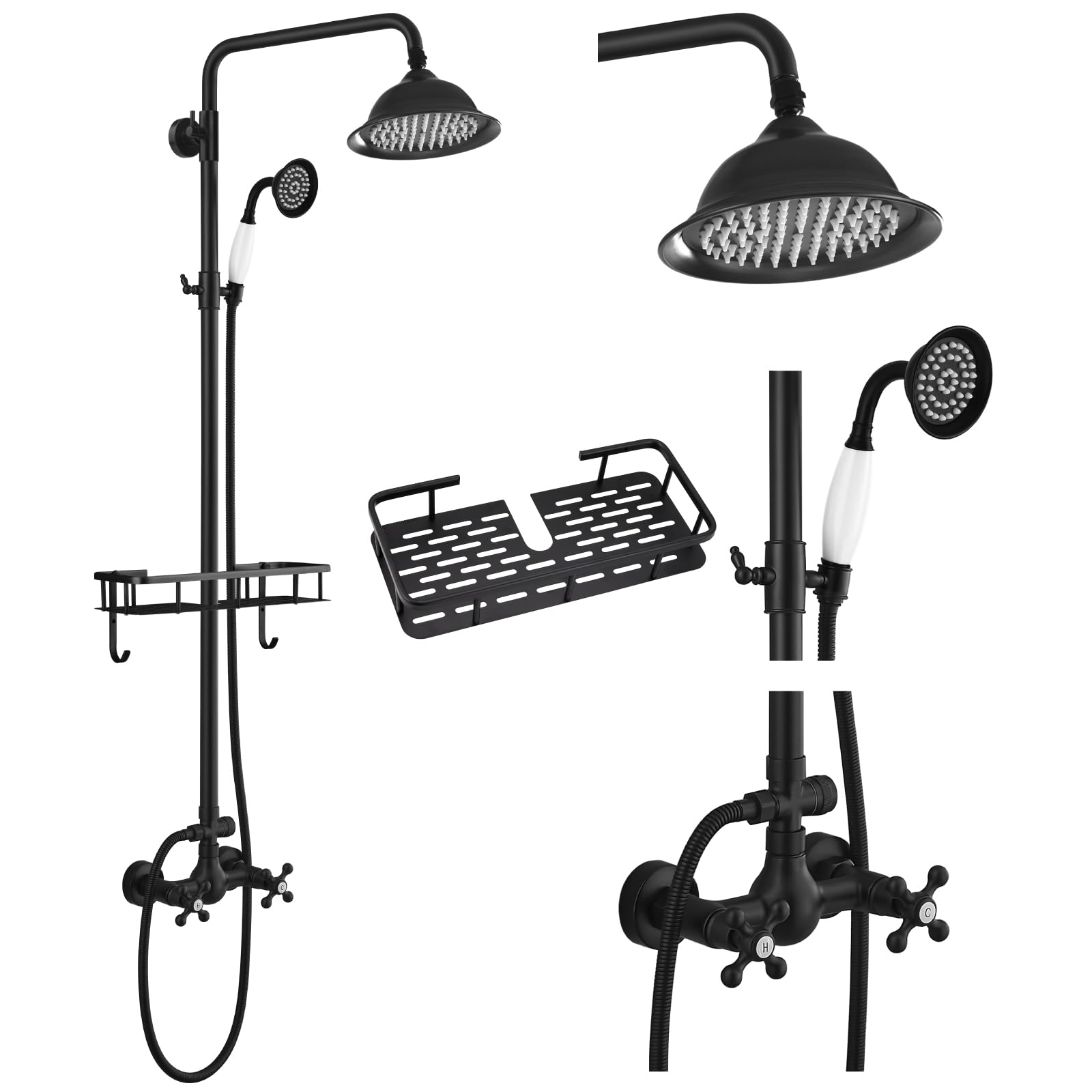 Pommeau de douche noir mat anti-calcaire avec étagère pratique et douchette céramique