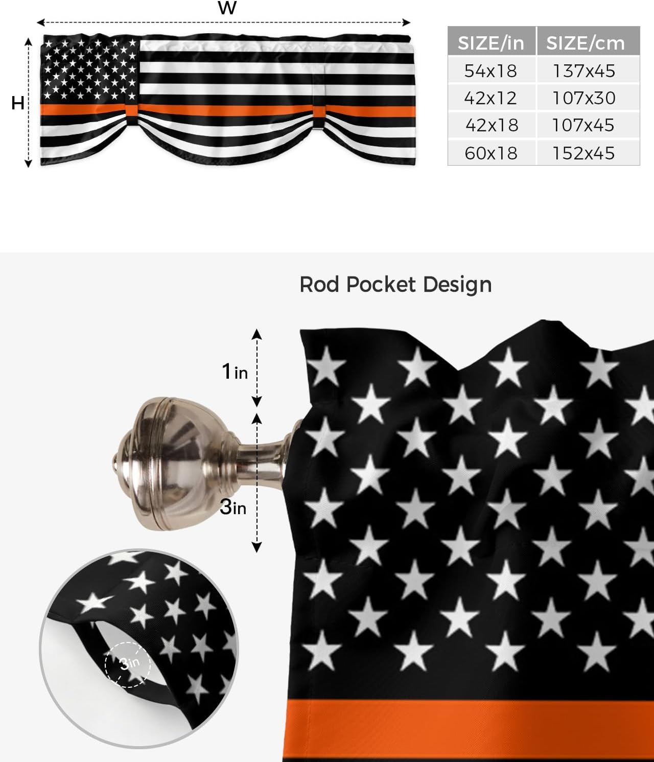 Country White Stars Tie Up Valance Curtain for Kitchen Living Room Bedroom Bathroom Cafe, Rod Pocket Small Short Window Drape Panel Adjustable Drapary Print, Orange Black Search Rescue Flag 60"x18"