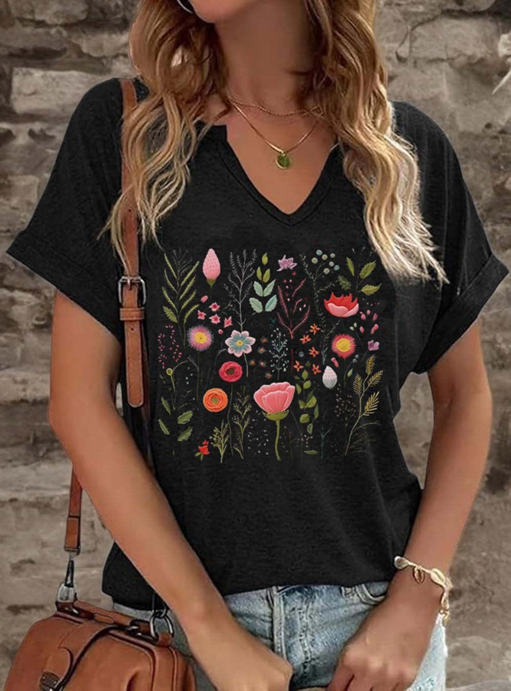 Womens Vintage Flowers V Neck Printed Shirt Funny Boho Flower Graphic Tee Casual Wildflower Botanical Short Sleeve - Image 3