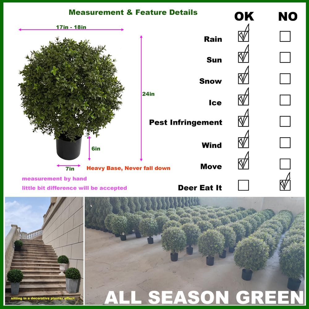ALL SEASON GREEN 2'T 18''W Boxwood Ball Artificial Topiary Trees Potted Faux Outdoor Plants for Home Porch Decor Set of 2 - Image 2