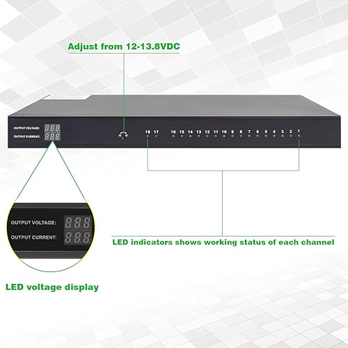 Miniatura 4 de Caja de alimentación distribuida CC de montaje en rack de 1U 18 canales DC 12V 20 Amp Reset Fusible de restablecimiento, cable de alimentación de CA