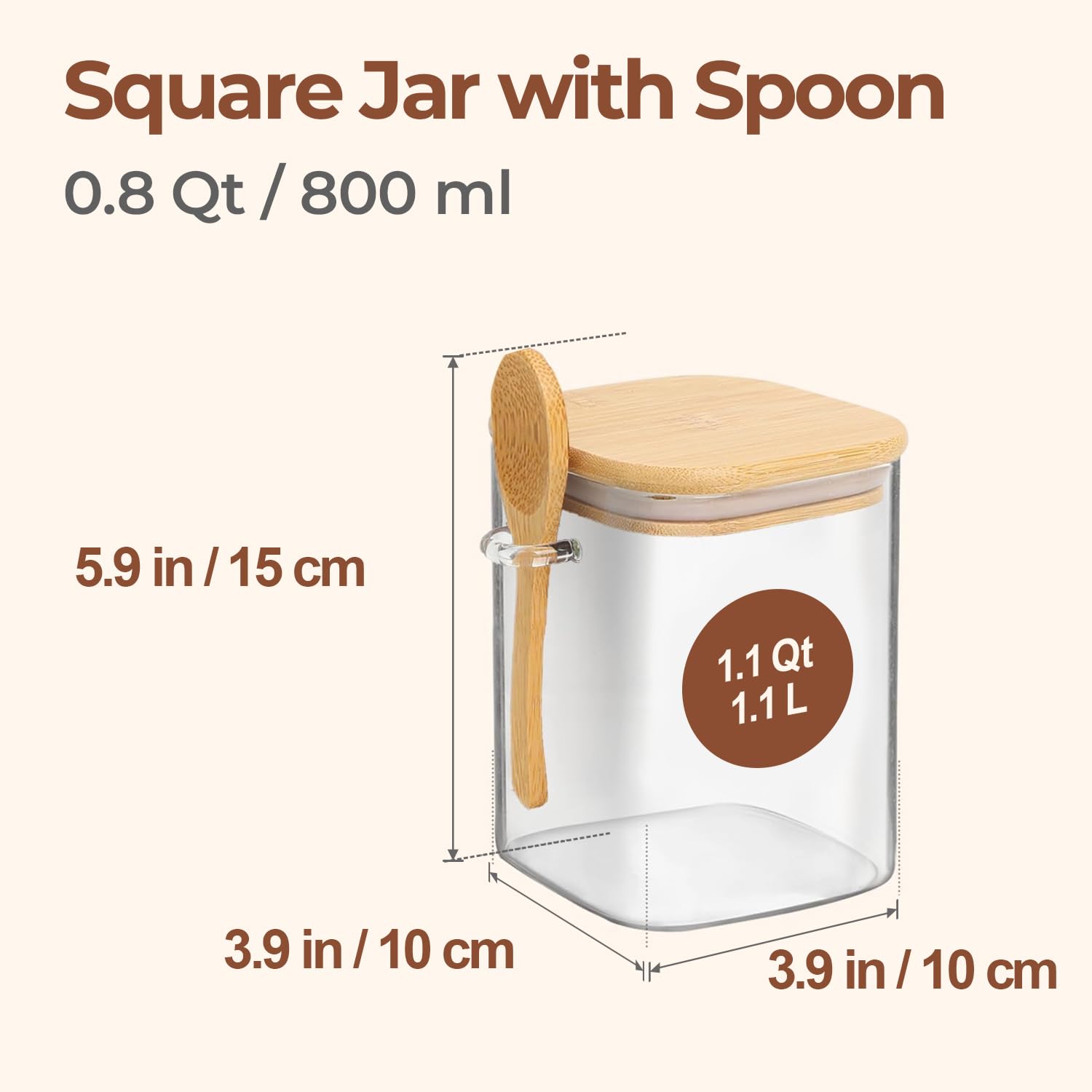 ComSaf Juego de 4 tarros de vidrio de 0.8 cuartos con tapas de bambú y cucharas, recipientes cuadrados de vidrio con tapas, recipientes de café y azúcar, tarros de especias de sal, contenedor de