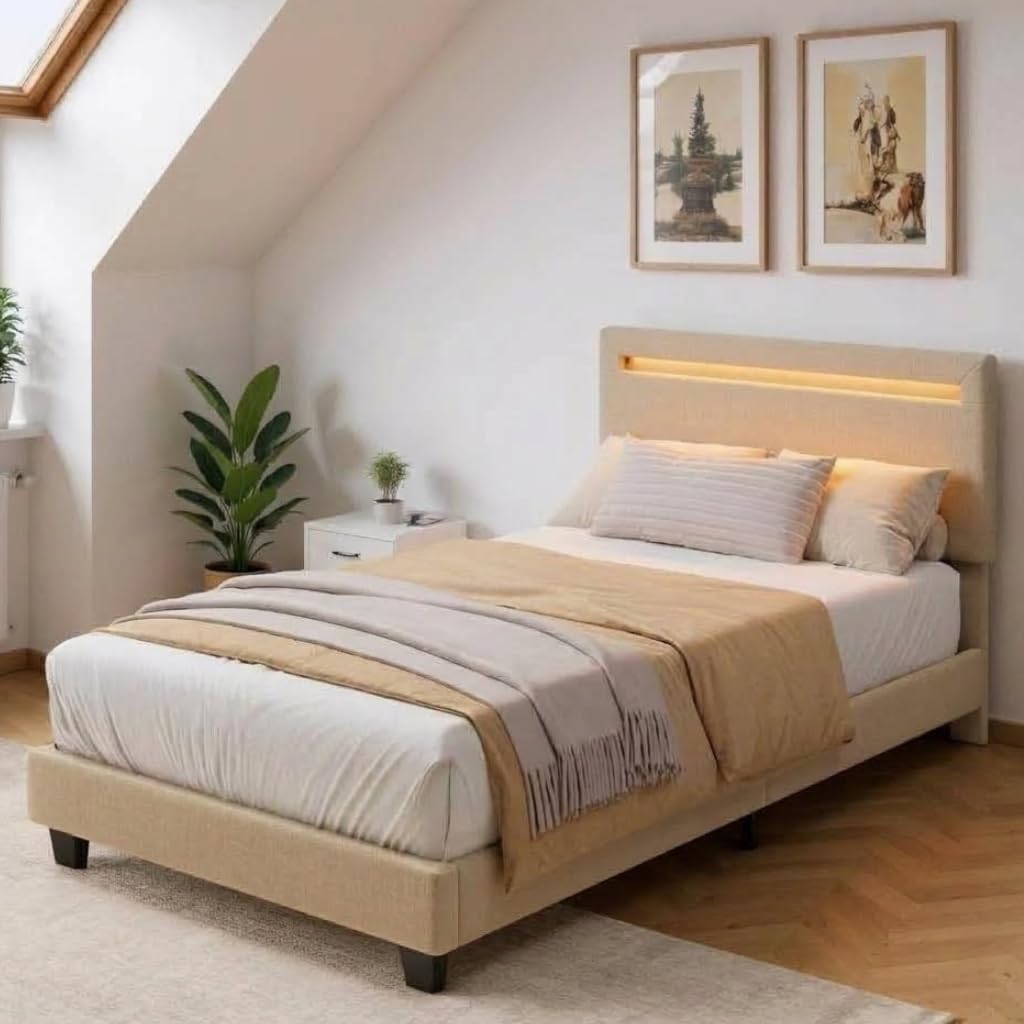 Blishom Łóżko tapicerowane 90x200cm z oświetleniem LED, tapicerowane łóżko platformowe, konstrukcja stalowa, tapicerowany zagłówek, solidna podstawa (Beżowy)