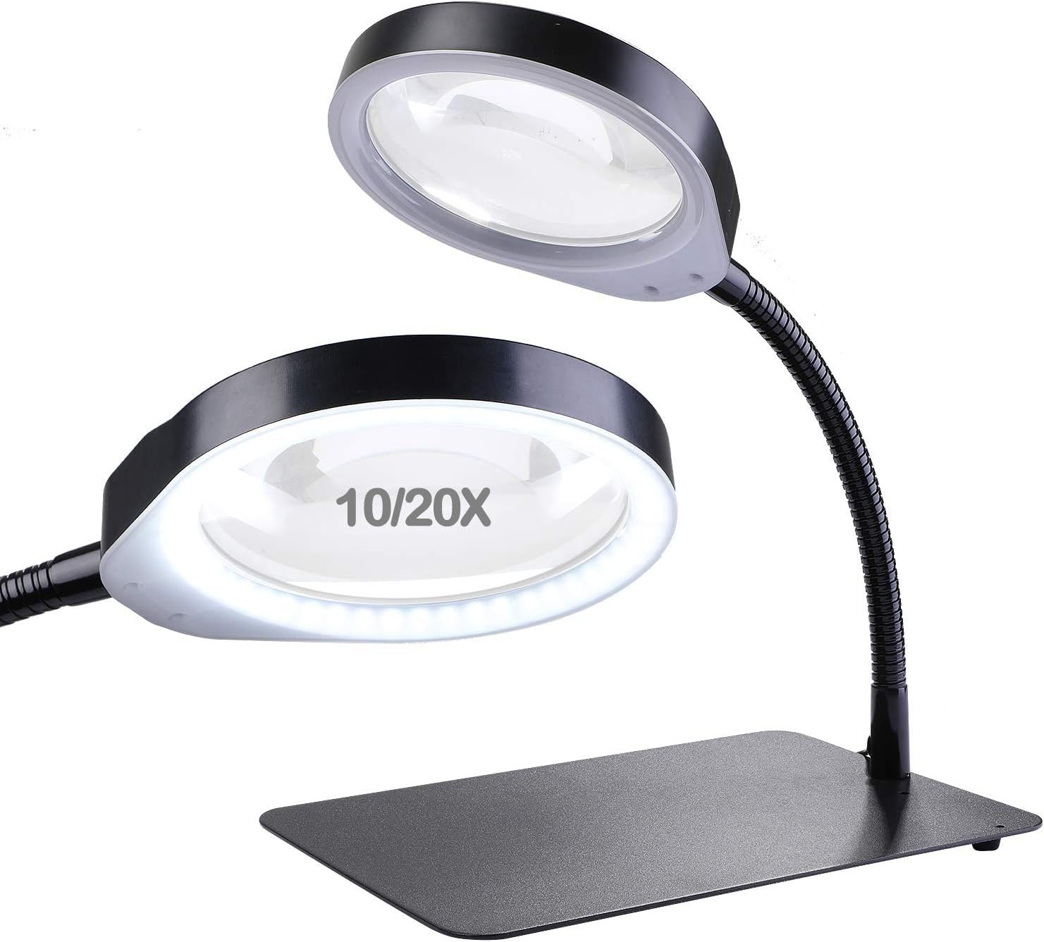 Szkło powiększające ze światłem i stojakiem, 10 x 20 x lampa LED z lupą, ultra jasne, ściemniane światło dzienne, duża 12,5 cm, podświetlana lupa do czytania, rzemiosła, hobby, pracy przy