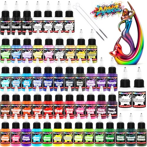 HXDZFX Airbrush Farben - 54 Farbe mit 2 Airbrush Thinner, Spritzfertiges Air Brush Farben, Schnell Trocknend Acrylfarben für Modellbau, Auto, Metall, Stoff, Künstler, Anfänger 4 Farbtypen