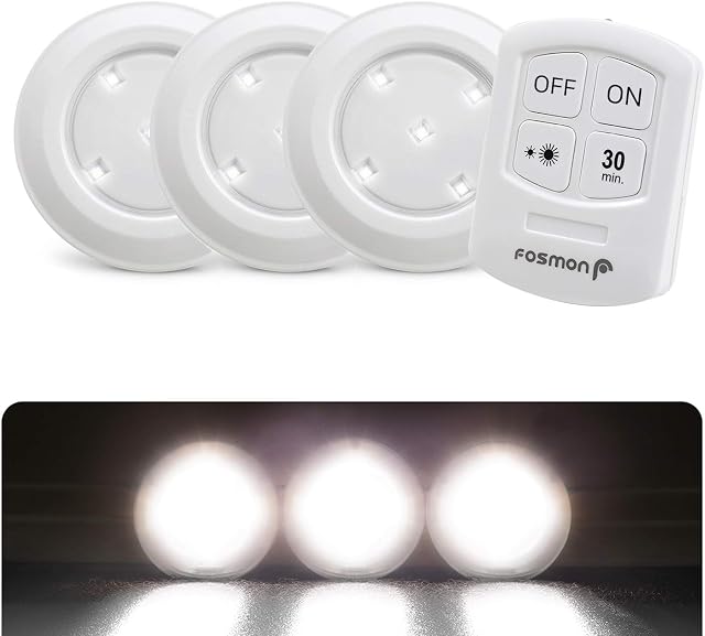 Fosmon Wireless LED Puck Light 3 Pack with Remote Control, Under Cabinet Lighting [5 Daylight White LED, Wide Floodlight Tap Style, 30-Minute Timer, Battery Operated] for Kitchen Closet Pantry Counter