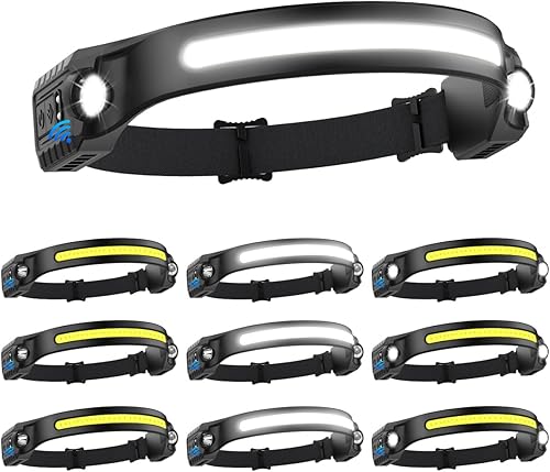 Paquete de 10 faros recargables, lámpara de cabeza de haz ancho de 230 con 2 focos, faro LED con sensor de movimiento, linterna frontal recargable