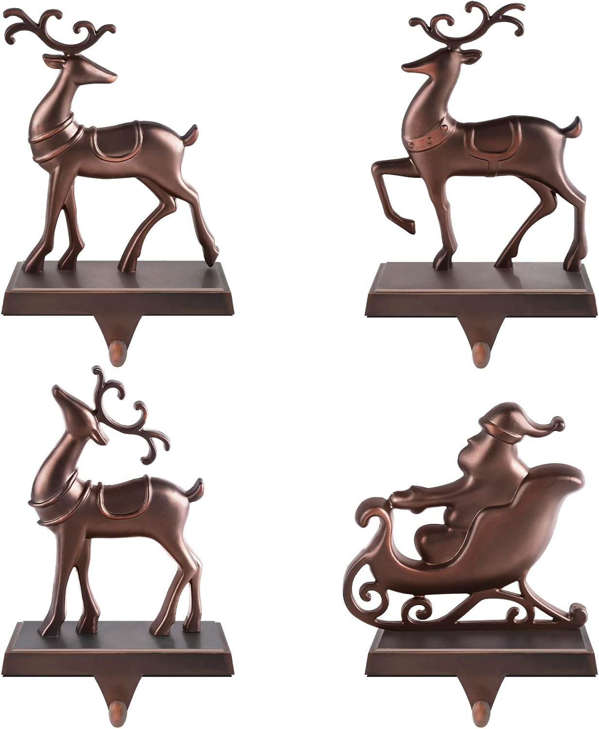 MCEAST Set of 4 Christmas Stocking Holders Santa and Reindeer Mantle Stocking Hangers Metal Christmas Hanging Hooks Safety Hanger Grips for Fireplace Decoration, Black