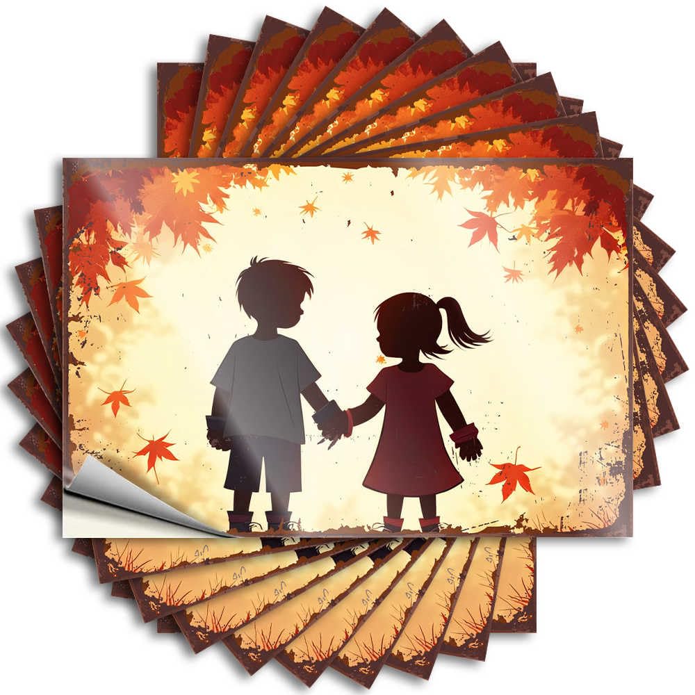 Backyard Decor Bottle Decal | Autumnal Embrace: A Silhouette of Children Holding Hands Unique Durable Vinyl Sticker Easy Apply for Alcohol(12X18CM)