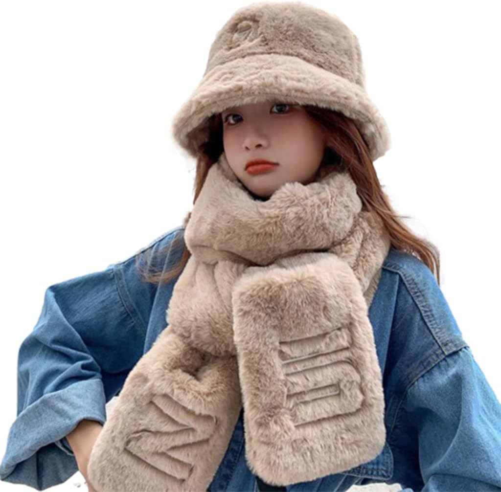 Scarf,Beanie Gloves Scarf Set Cute Bucket Hats For Teens Girls Fuzzy Bucket Hat Fisherman Hat Lady Winter Warm Scarf(Khaki)