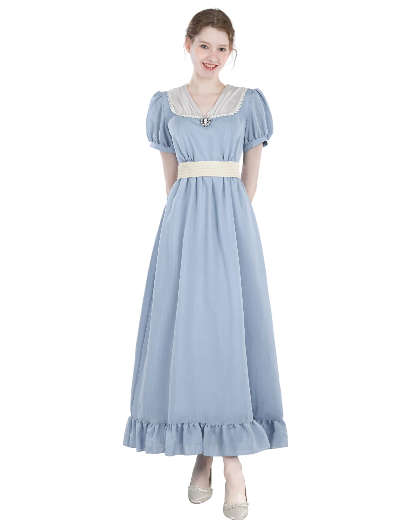 Regency Robe longue vintage pour femme avec manches bouffantes - Style empire - Robe d'été avec ceinture et broche de poitrine - Robe de bal cosplay avec gants