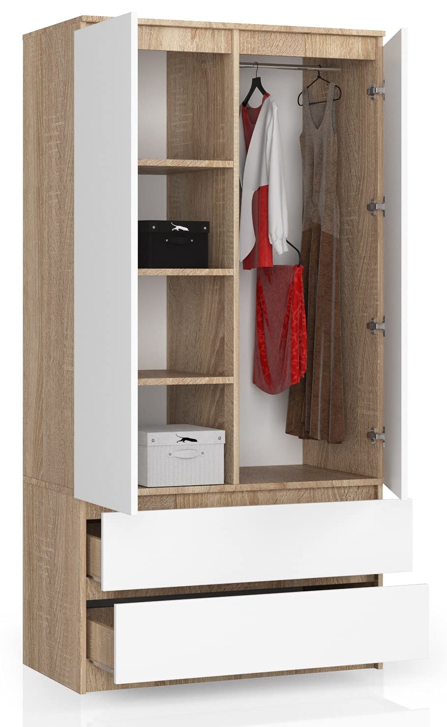 AKORD | Armadio STAR S | 90 cm Due Ante | 2 Cassetti con ripiani e Asta Appendiabiti | Mobiletto Cameretta Camera da Letto | Guardaroba | Pannello in laminato 16 mm | Sonoma & Bianco