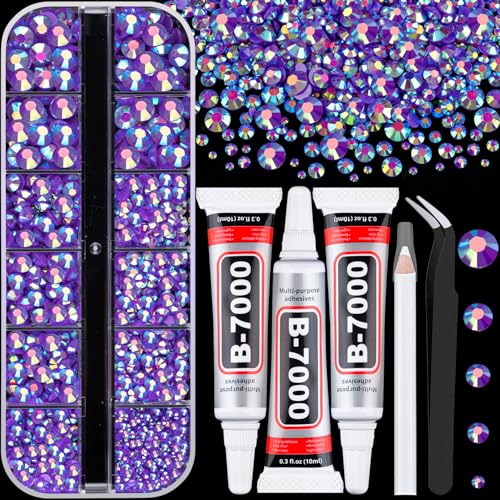 Image of Resin Rhinestones for Crafting with 3Pcs 10ml B7000 Jewelry Glue, 1 Box Dark Purple AB Flatback Gems Crystals Diamond for Bedazzling Crafts DIY Nail Art Makeup, Gems for Clothing Tumblers Shoes