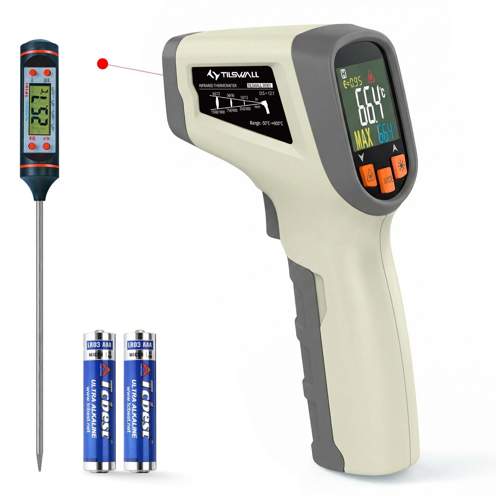 Tilswall Infrarot Thermometer（nicht für Menschen）-50°C bis 600°C Grill IR Laser Digital Thermometer Küche Temperaturmessgerät mit LCD Display für Kochen/Barbecue/Gefrierschrank/Industrie(beige)-W301