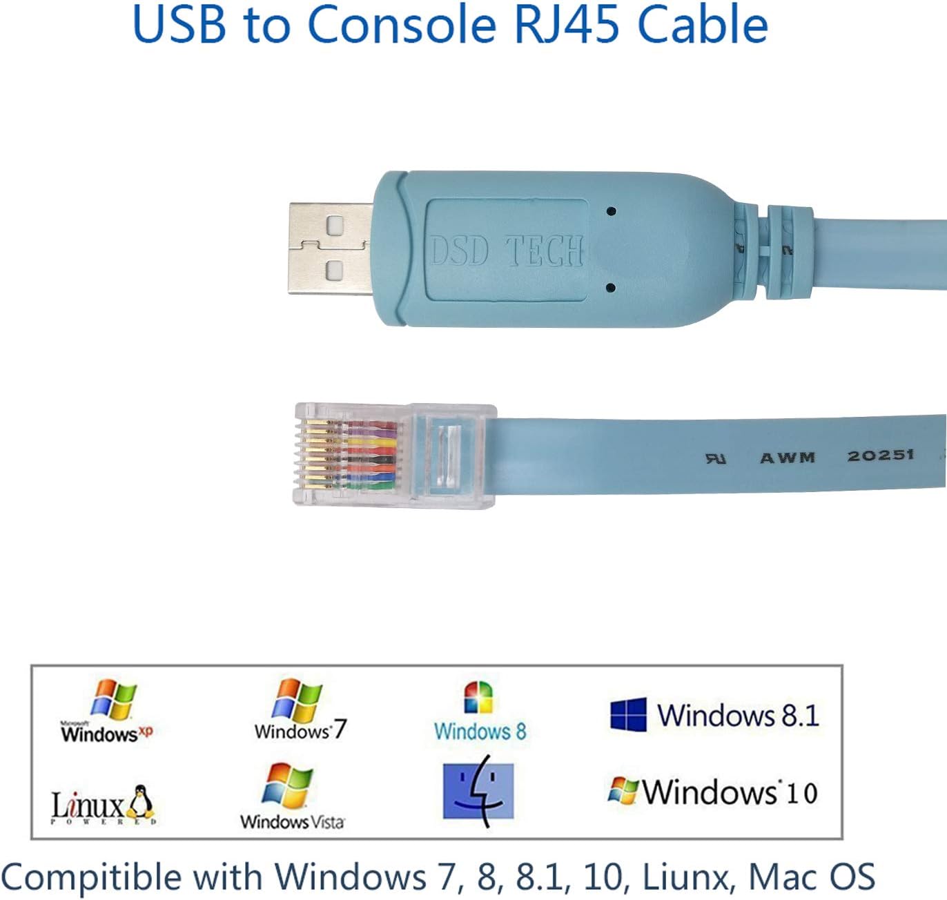 DSD TECH SH-RJ45A USB to RJ45 Console Cable with FTDI Chip for Cisco NETGEAR Routers/Switches Support Windows Linux Mac OS