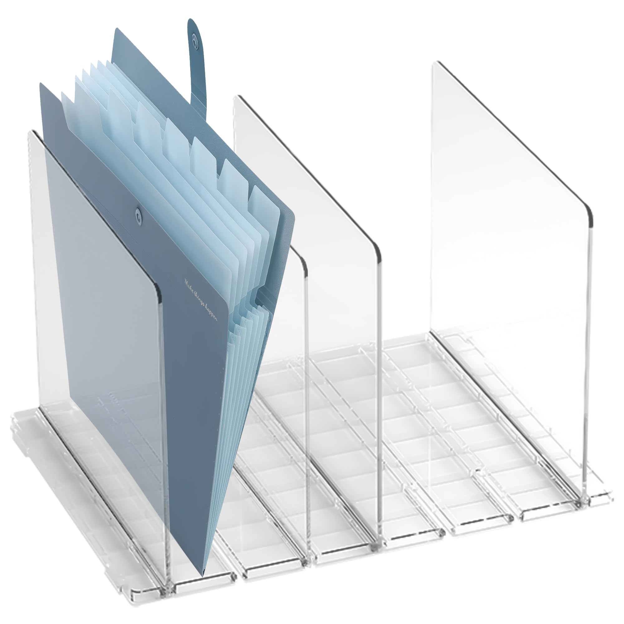 VekiVeki Acrylic Desktop File Sorter Organizer, 4 Compartments Claer Mail Organizers for Desk, Vertical Adjustable File Holder for Desktop, Shelf, Office, Letter Organizer Accessories (Clear, Four Rows)