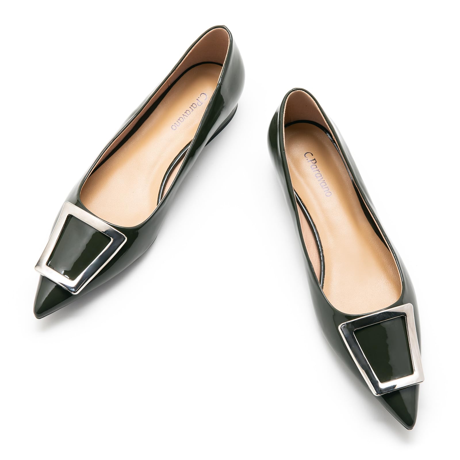 C.Paravano Flats Shoes for Women Pointed Toe Flats Dressy Flats Ballet Flats Shoes Patent Leather Shoes Comfortable Slip On Flat 5.5 Dark Green