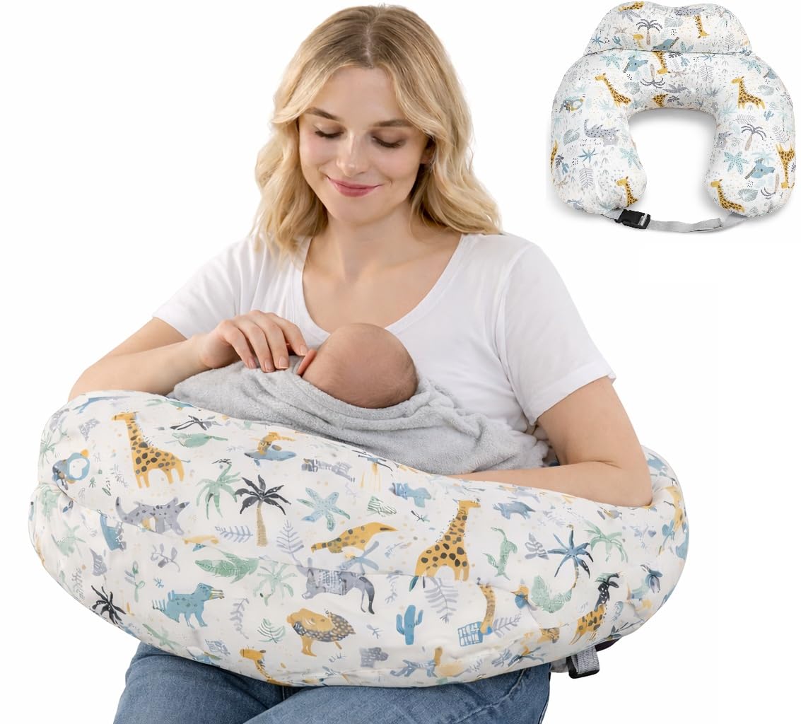 Babymam Nursing Feeding Pillow with Safety Strap, Breastfeeding Support, Organic 100% Cotton, Removable Cover, Safari Design