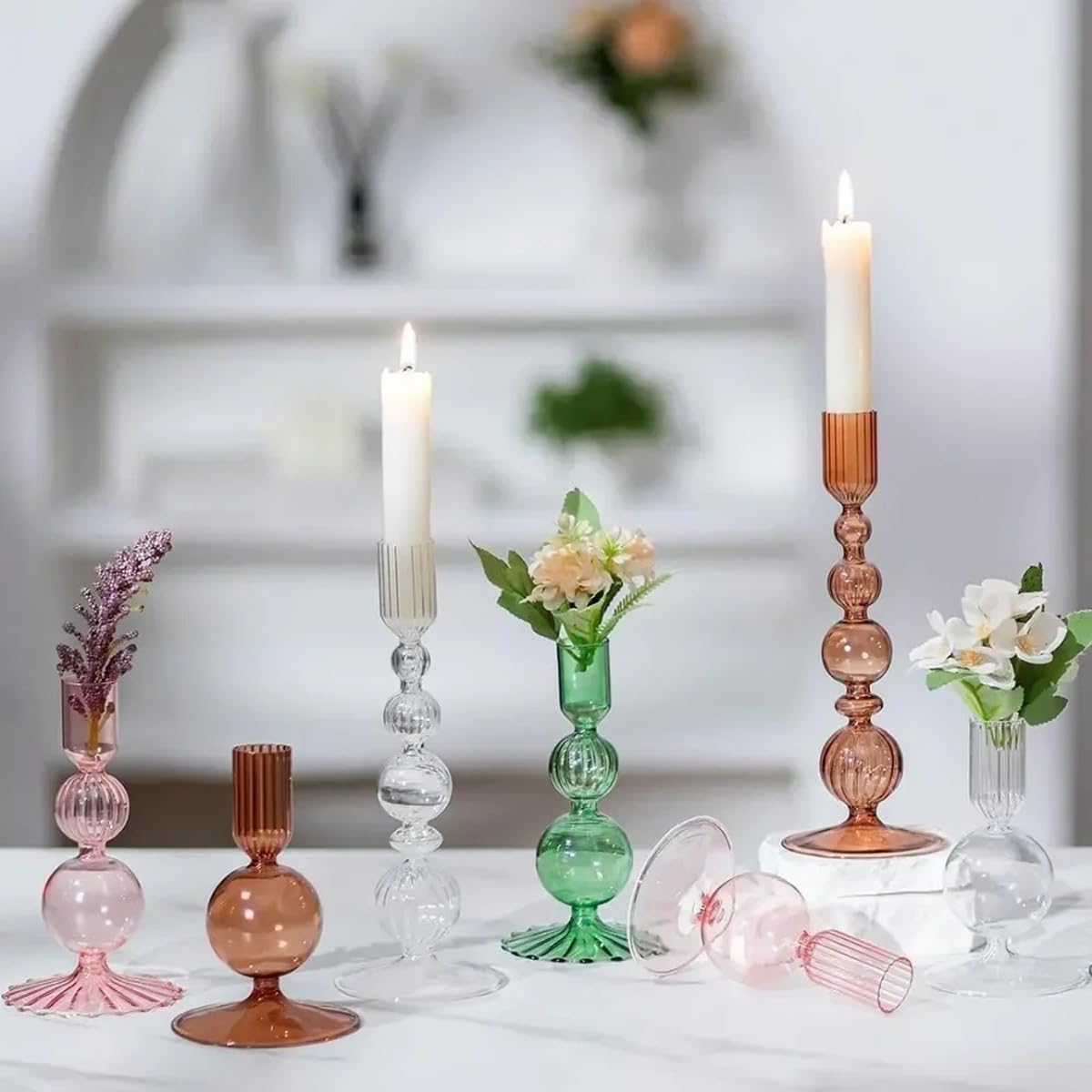 Set di 3 Eleganti portacandele a Cono, in Vetro, per centrotavola di Matrimoni, Stile D Trasparente