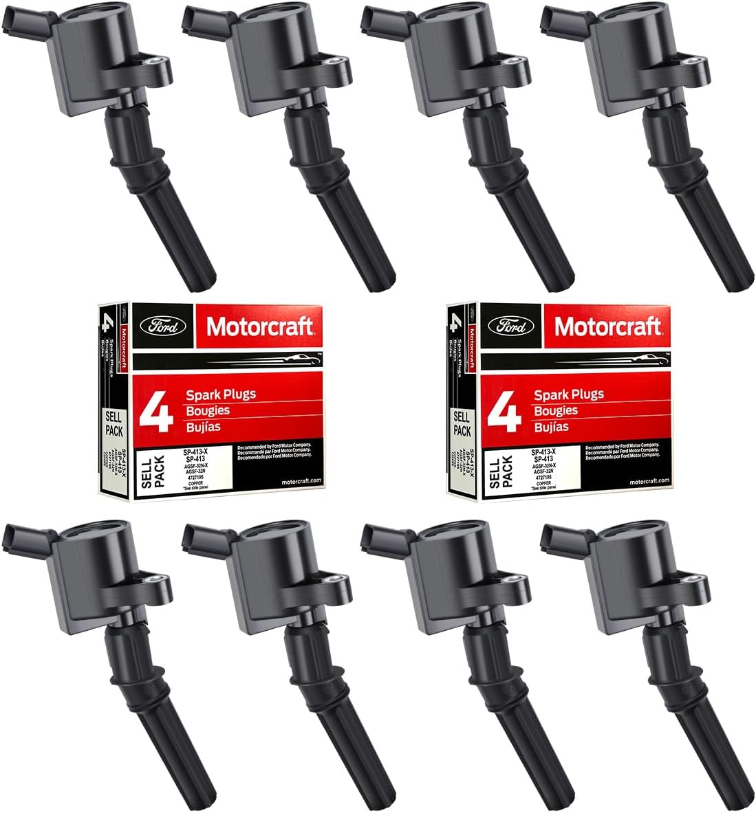 MAS Ignition Coils DG508 and Motorcraft OEM Spark Plugs SP413 Compatible with Ford F-150 Mustang V8 4.6L pack of 8