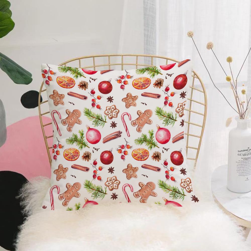 HYOSXW Cushion Cover,Throw Pillow Case Home Decorative for Living Room Bedroom Sofa Chair 16X16 Inch,Christmas background, watercolor style gingerbread, spruce branches, candy fest,Pillowcase 40X40cm