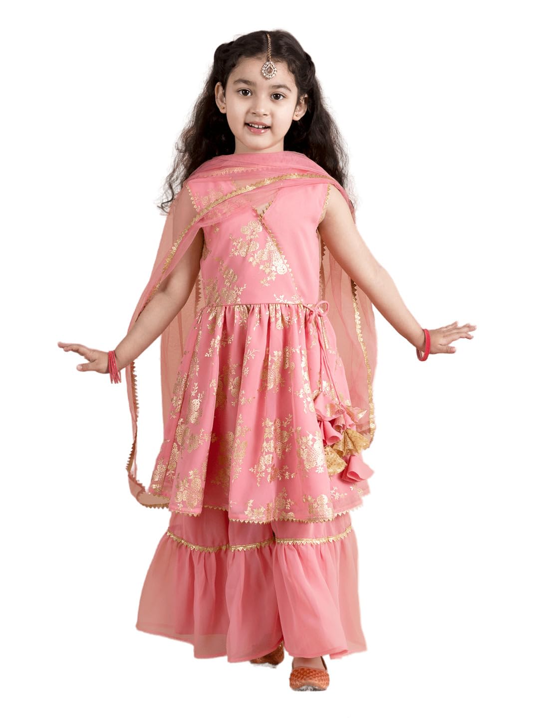 Pspeaches Girl's Polyester Kurta & Sharara (Sha-Peachfoil-3_Peach