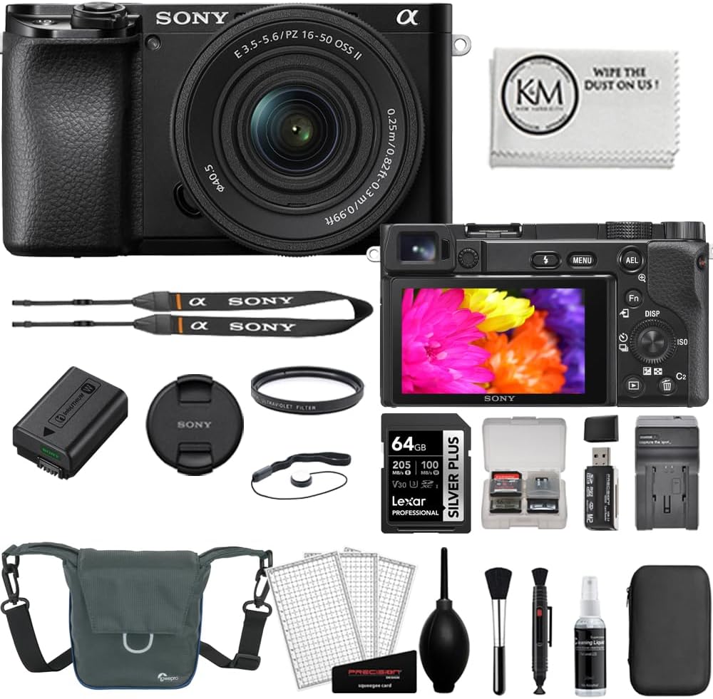 Sony Alpha a6100 Mirrorless Digital Camera with 16-50mm f/3.5-5.6 OSS II Lens Bundle with UV Filter + Memory Card + Card Reader + Memory Case + Cleaning Kit + Camera Bag + Cleaning Cloth (8 Items)