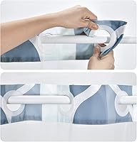 Vista 3 de Juego de cortina de ducha doble sin gancho azul oscuro con forro de tela a presión, estilo hotel con ventana superior de malla transparente, diseño