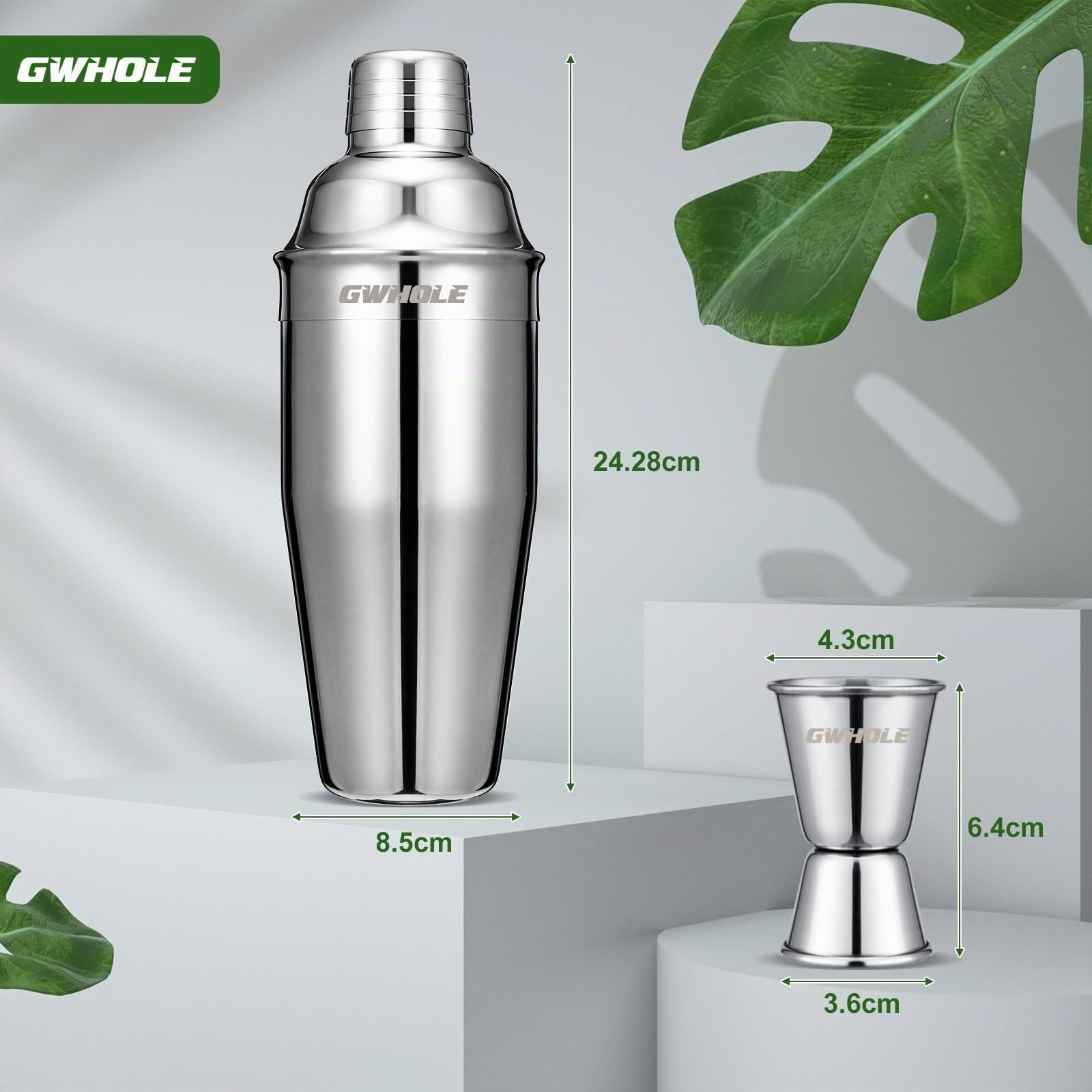 GWHOLE 3 pezzi Cocktail Shaker Set 750 ml con Filtro Integrato + Misurino Jigger (1/2 e 1 OZ)