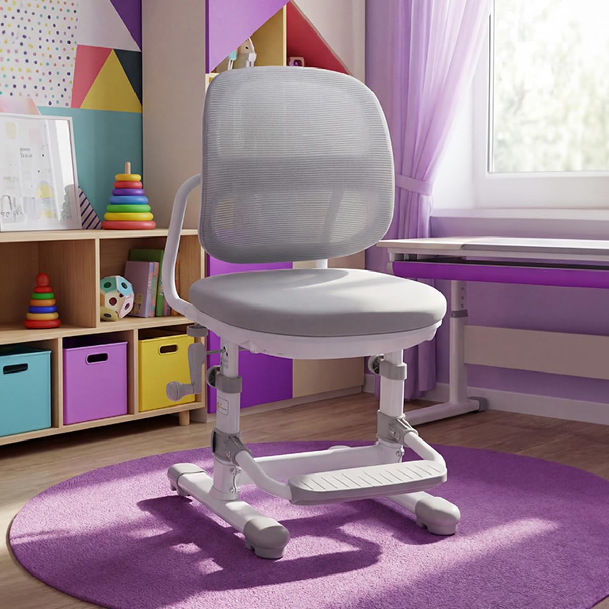 Spacetronik Schreibtischstuhl Kinder ohne Rollen, Kinderschreibtischstuhl Höhenverstellbar 37–51 cm, Kinderstuhl Schreibtisch mit Fußstütze & Mesh Rückenlehne, Stabiler Lernstuhl Kinder, Grau