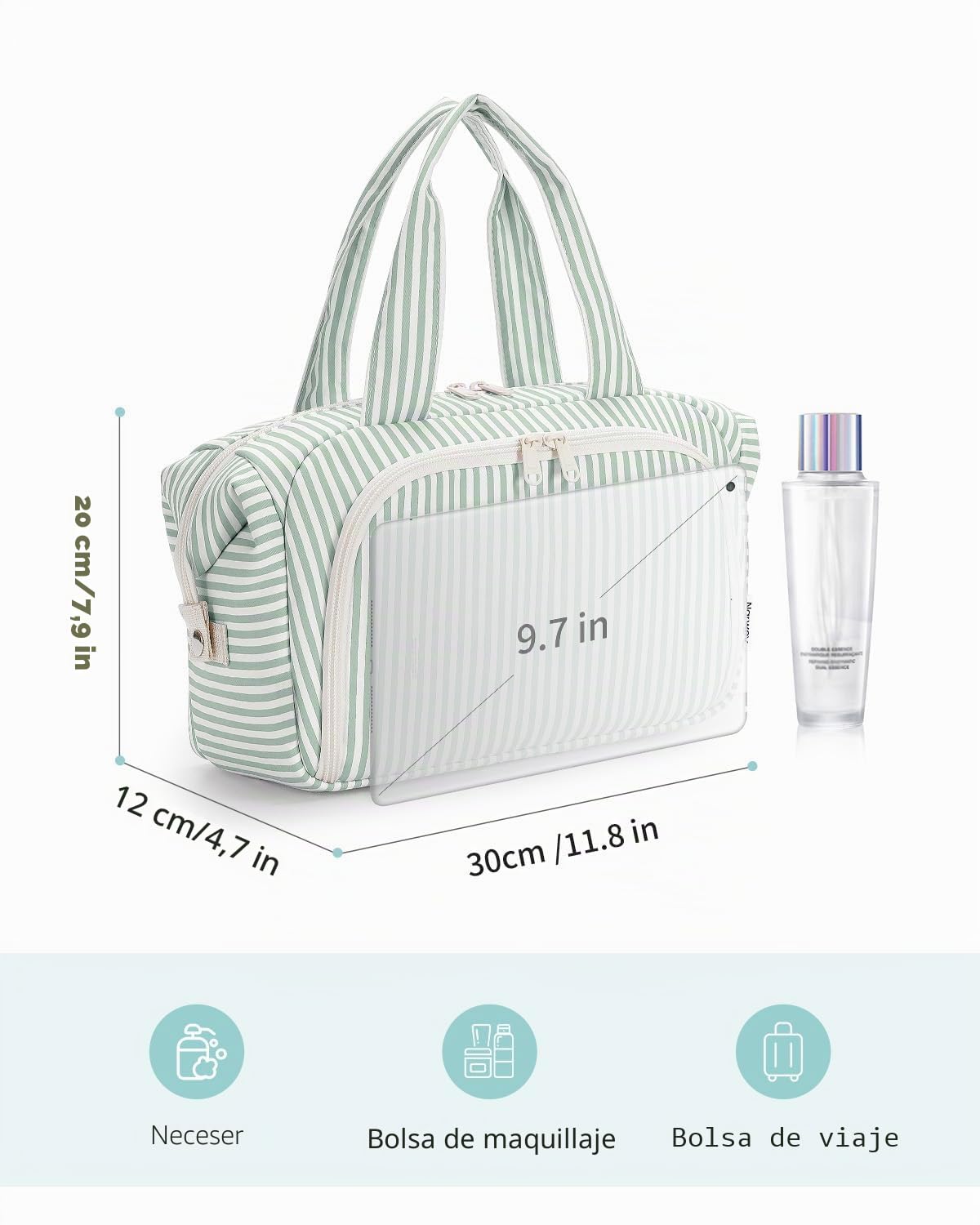 Narwey Neceser de Viaje para Mujer, Bolsa de Aseo Grande, Organizador de Maquillaje Portátil para Artículos de Aseo Tamaño Completo Viajes Accesorios (Rayas Verde Menta)