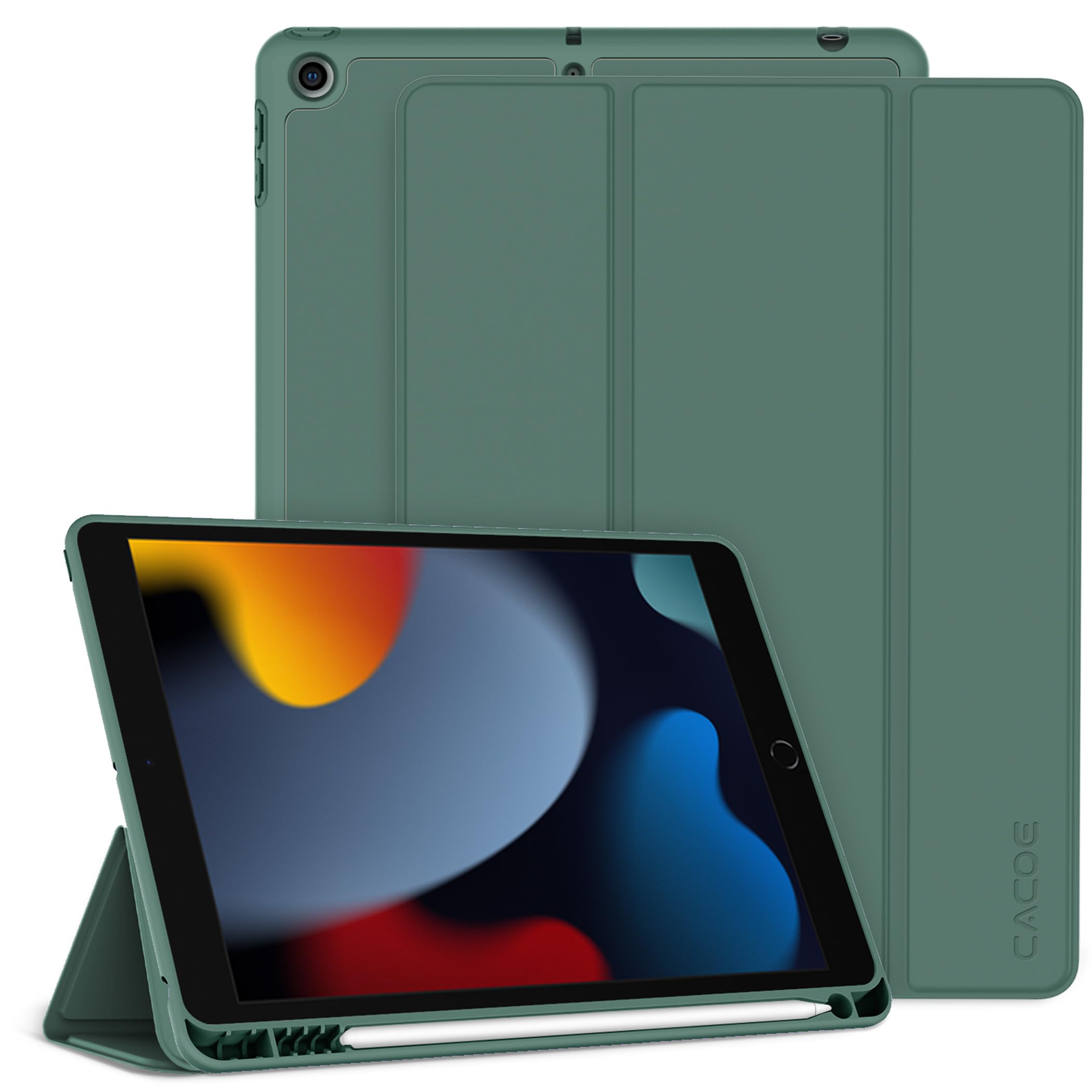 CACOE Cover Custodia Compatibile con iPad 9a Generazione 2021/iPad 8a Gen 2020/iPad 7a Gen 2019, Leggero Cover Protettivo Supporto con Pencil Holder per iPad 10.2 Auto Sveglia Sonno,Verde notte