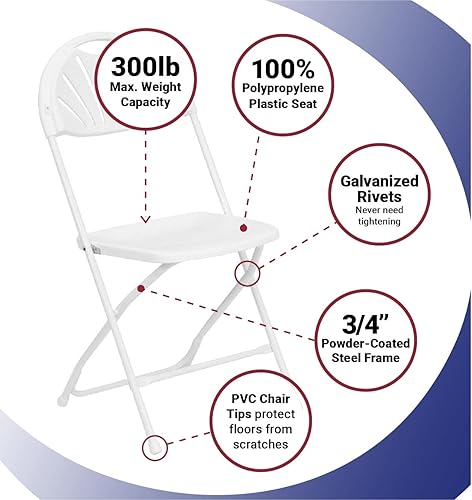 Miniatura 2 de TentandTable Ventilador Back - Sillas plegables apilables resistentes, color blanco, capacidad de 300 libras, para eventos, banquetes, fiestas y