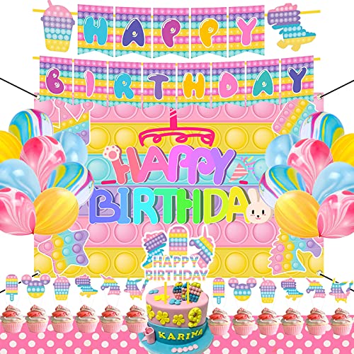 KaKan Pop Birthday Decoration for Girls,Pop Birthday Party Supplies Pop Game Theme Party Decoration Set Included Happy Birthday Banner, Cake Toppers, Backdrop, Tablecloth and Latex Balloons