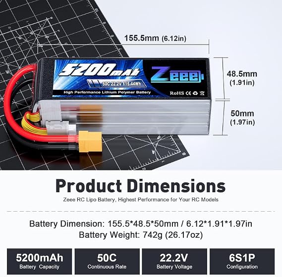 Zeee 6S Lipo Battery 5200mAh 22.2V 50C with XT90 Plug | Compatible for RC Airplane RC Quadcopter Helicopter Car Truck Boat Hobby