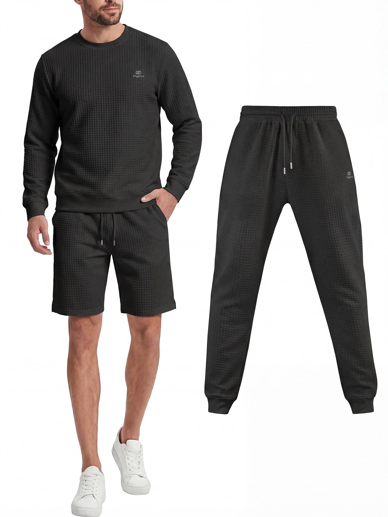 Herren Jogginganzug Set 3-Teiliger Trainingsanzug mit Sweatshirts Jogginghose Kurze Hose Tracksuit Laufanzug Strukturmuster