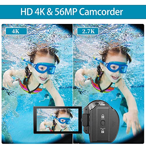 Sprandom Camcorder Video Camera 4K Ultra Hd 56Mp 30Fps Vlogging Camera For Youtube, 18X Digital Zoom Underwater Camera, 16.4Ft Waterproof Video Camera With 3400Mah Battery, Charger, 64Gb Sd Card #TOP1