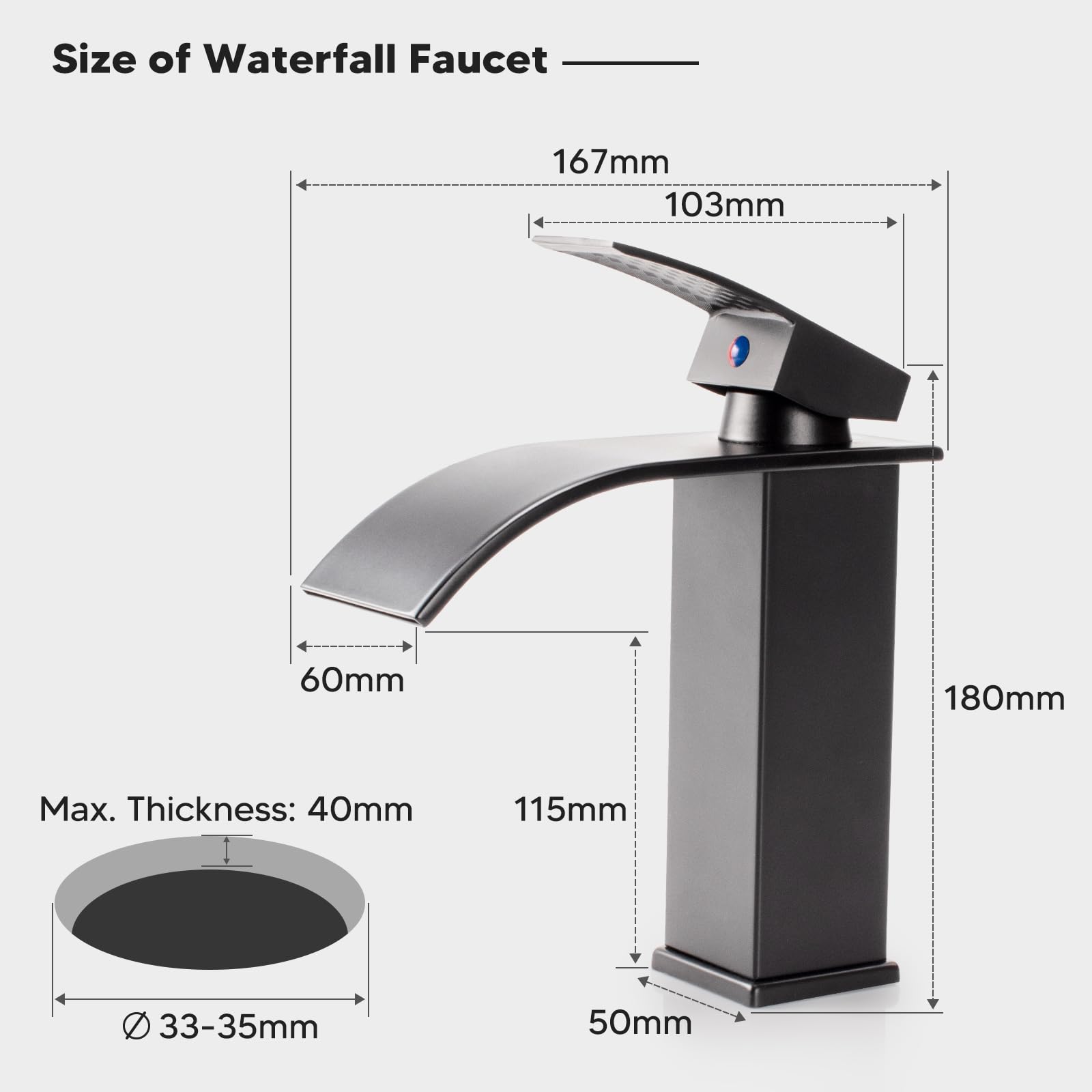 Grifo Lavabo Cascada Grifo de Lavabo Baño Grifo Monomando Lavabo Moderno Grifo de Baño Cascada Mezclador de Lavabo Agua Fría y Caliente Disponibles(Gris)