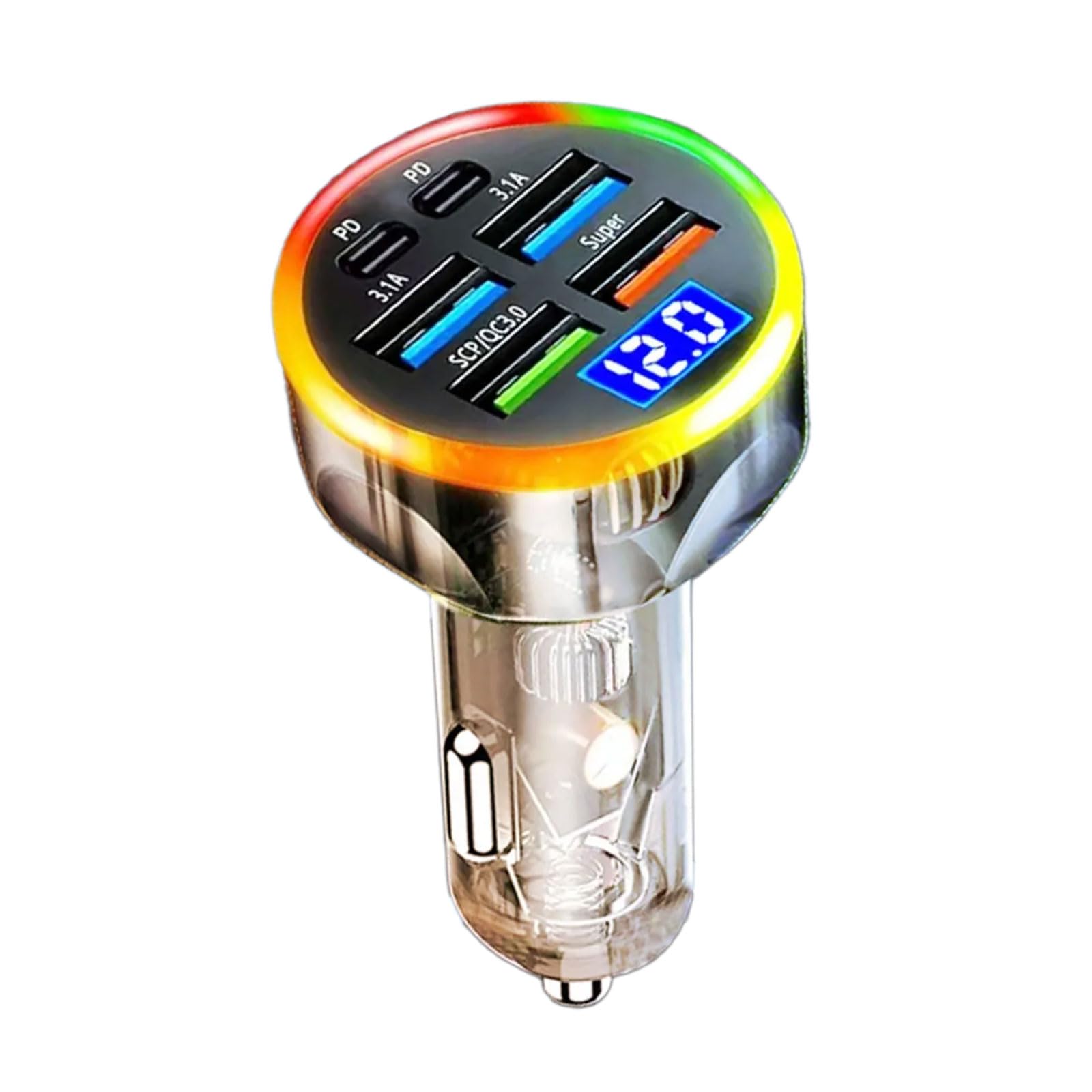 ordinarYone 6 USB Ports 200W Fast Car Chargers With Digital Voltages Display Colorful LED Lighting For Multiple Devices In Vehicle