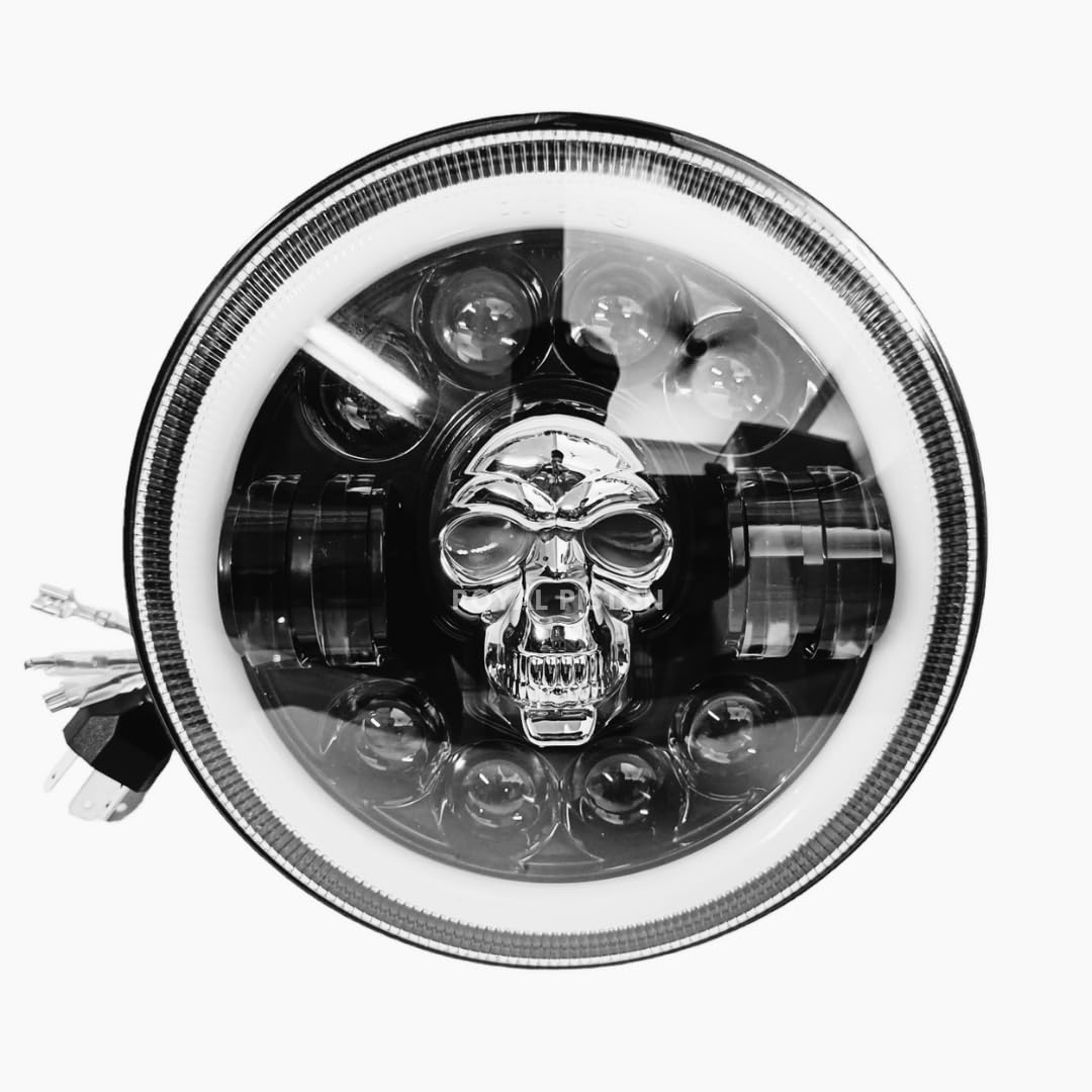 Royalpiston Skull LED Headlight | 75-90W CREE | 5-Color DRL | Latest 2023 CREE LED H4 Plug & Play Compatible With Royal Enfield, Thar, Gypsy